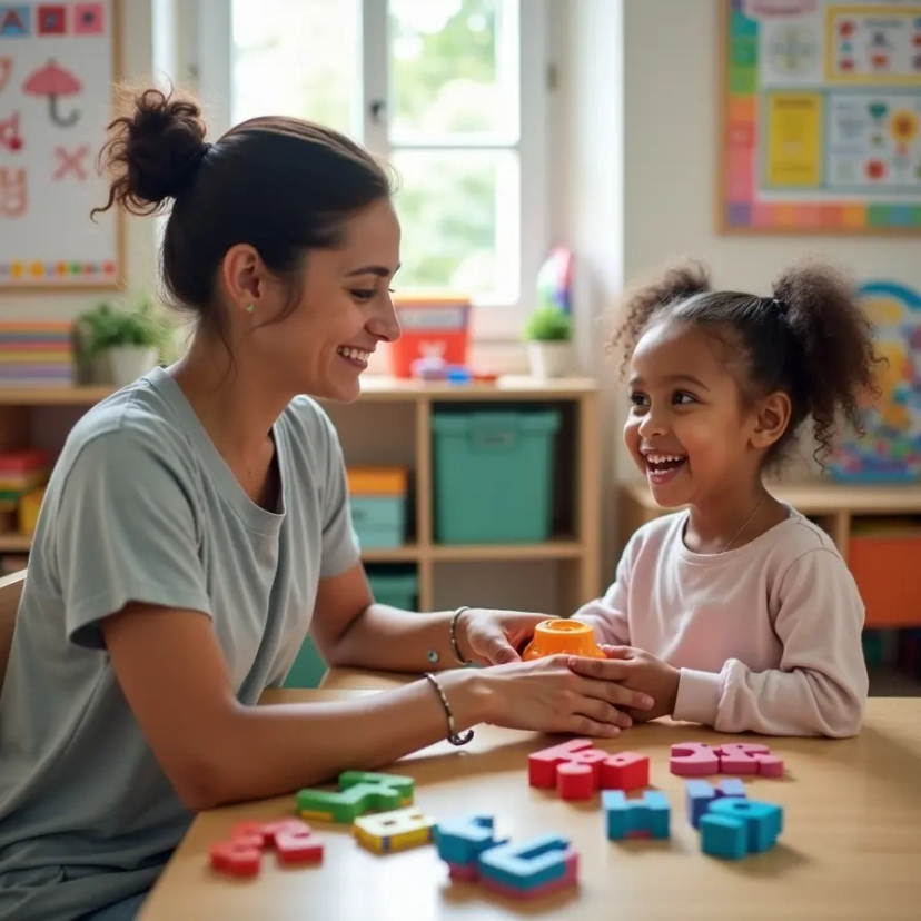 A therapist engaging with a child in a classroom, home, and community setting, demonstrating ABA therapy for holistic support.