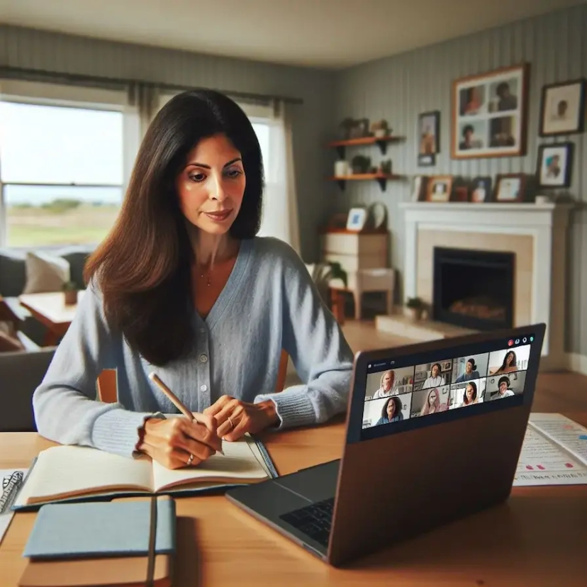 A mother attending an online autism support training session, learning strategies to support her child with autism.