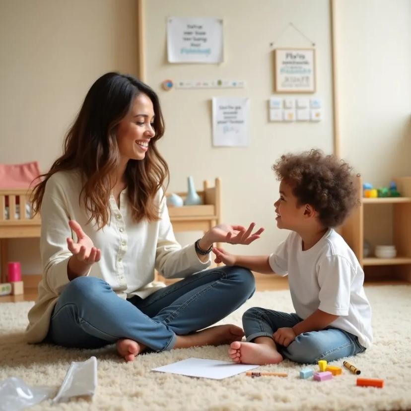 A therapist engaging with a child during a behavior therapy session in a calm, nurturing environment, fostering understanding and progress.