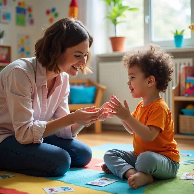 A therapist interacting with a young child during a communication therapy session, using visual aids and gestures to foster engagement and learning in a bright and welcoming environment.