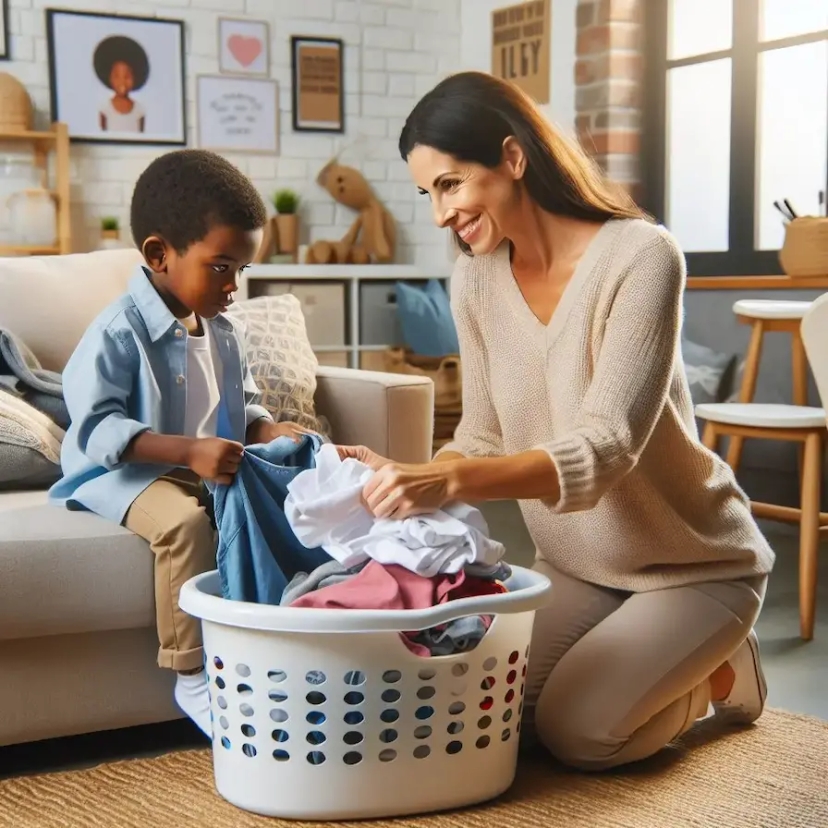 A therapist guiding a child to fold laundry, fostering independence through daily living skills training.