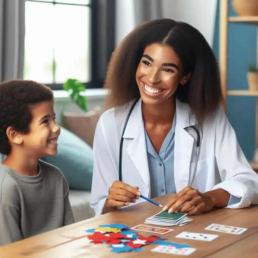 A therapist and a child smiling as they engage in a collaborative activity, fostering social skill development.