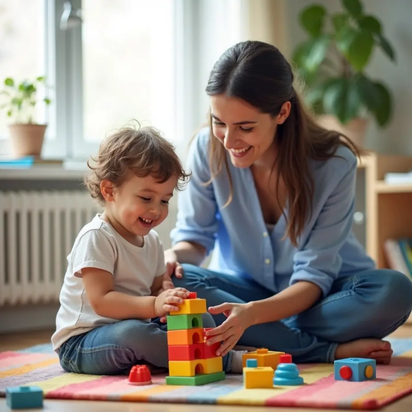 A child practicing skill-building activities with a therapist in a bright and supportive environment, fostering confidence and growth.